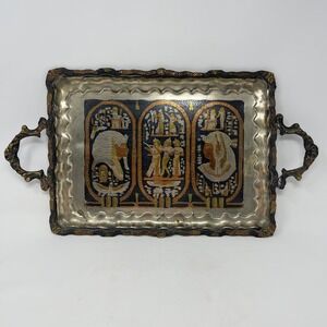 VTG 80s Egyptian‎ Inlay Brass Copper Silver Serving Tray Handles Pharaoh Scene